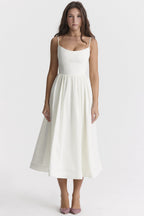 Damen elegantes Midikleid mit Spaghetti-Trägern und fließendem Rock R&B