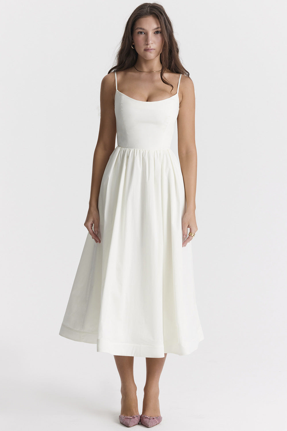 Damen elegantes Midikleid mit Spaghetti-Trägern und fließendem Rock R&B