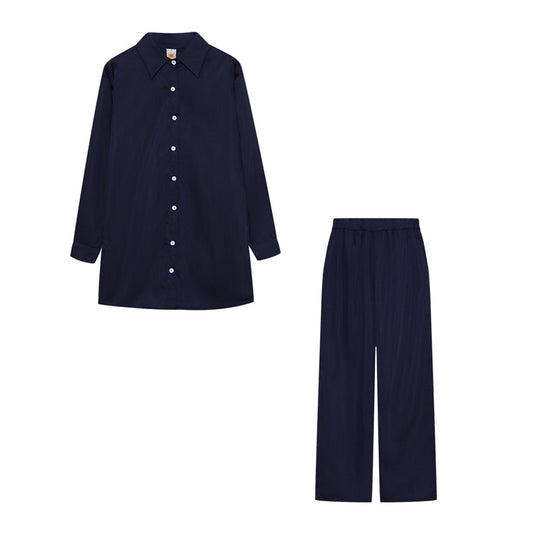 Damen Satin Pyjama Set mit langärmliger Bluse und weiten Hosen R&B