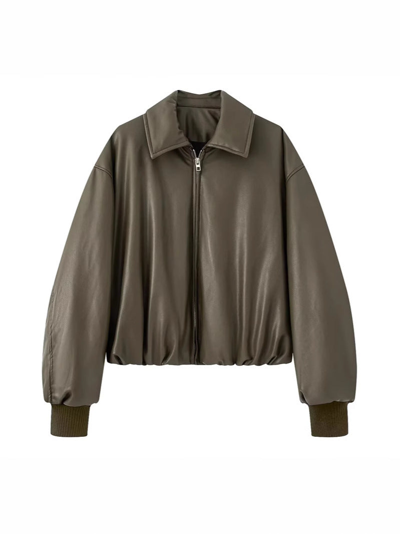 Damen lässige Kunstlederjacke mit voluminösem Schnitt und praktischen Taschen R&B
