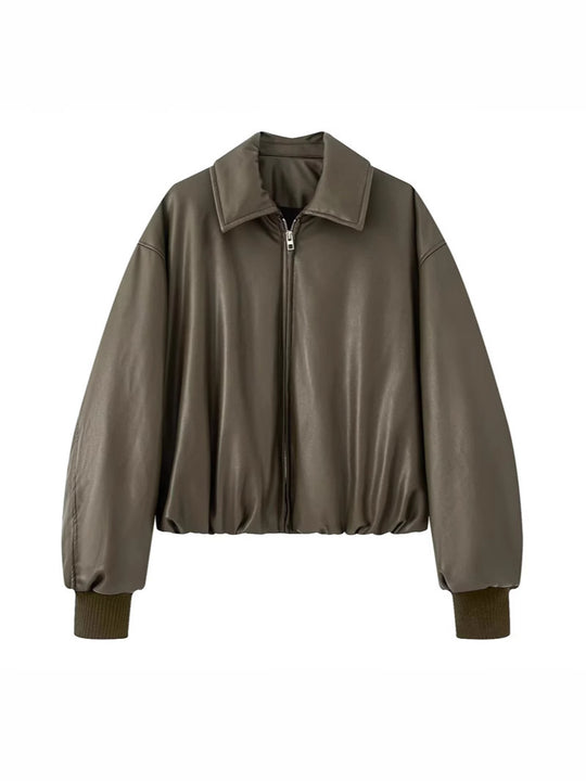 Damen lässige Kunstlederjacke mit voluminösem Schnitt und praktischen Taschen R&B