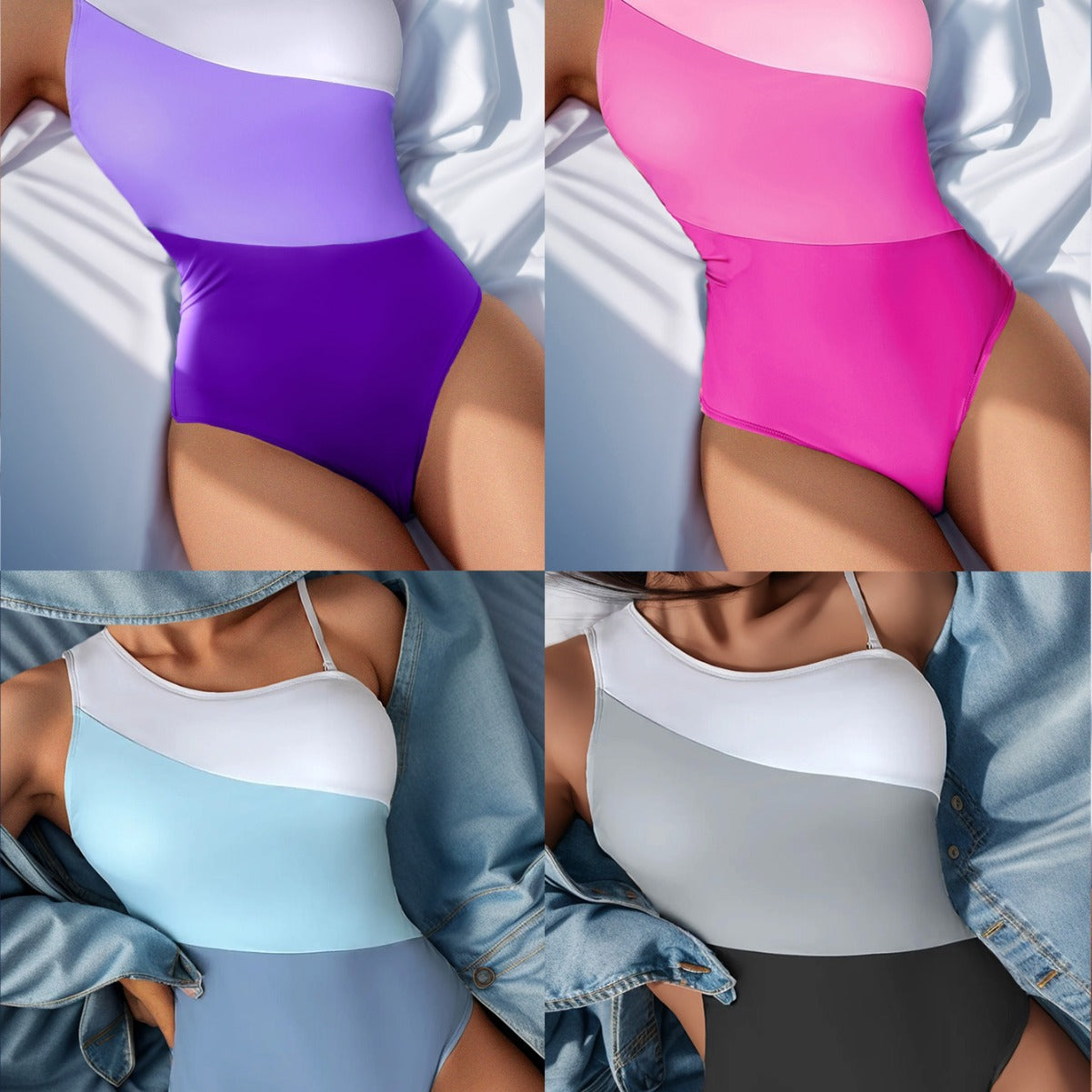 Damen Einteiliger Badeanzug mit stilvollem Farbblockdesign und hohem Beinausschnitt R&B