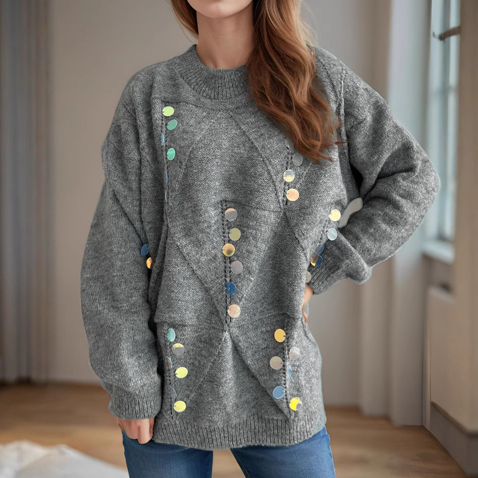 Damen lässiger Pullover mit dekorativen Pailletten und strukturiertem Maschenmuster R&B