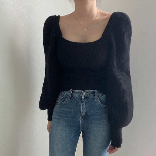 Damen Feinstrickpullover mit modernem Quadrat-Ausschnitt und weit geschnittenen Ärmeln R&B