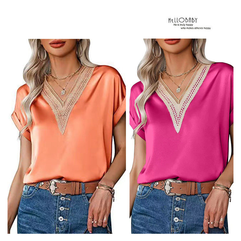 Damen Satin Bluse mit elegantem V-Ausschnitt und raffinierten Spitzenakzenten R&B