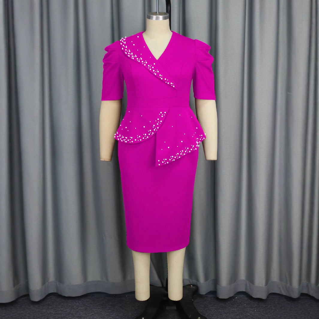 Damen figurbetontes Wickelkleid mit Rüschen und Perlenakzenten R&B