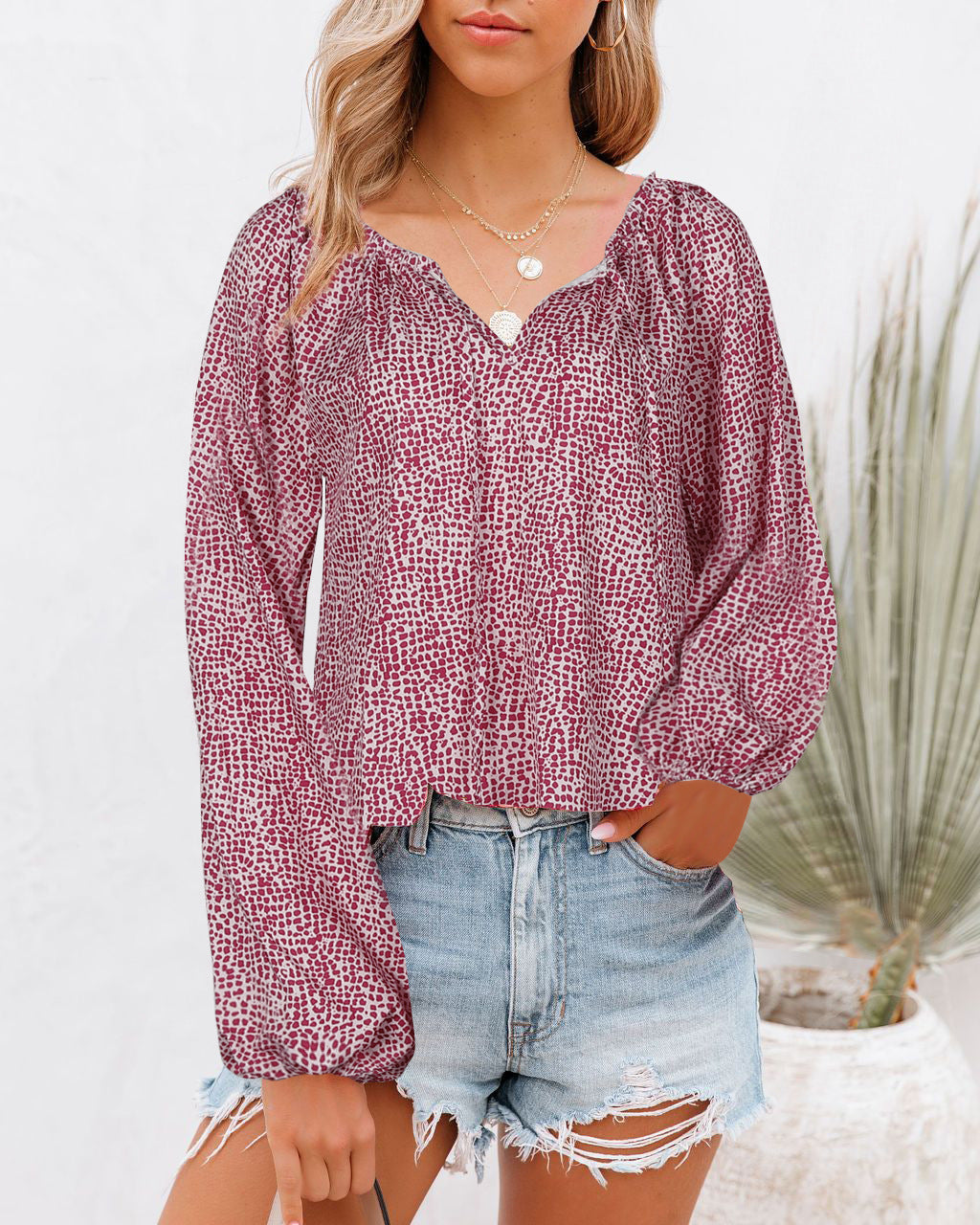 Damen Luftiges Oberteil mit voluminösen Ärmeln und modernem Punktdesign R&B