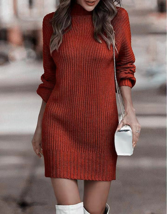 Damen Strickkleid mit hohem Kragen und modischen Rippdetails R&B