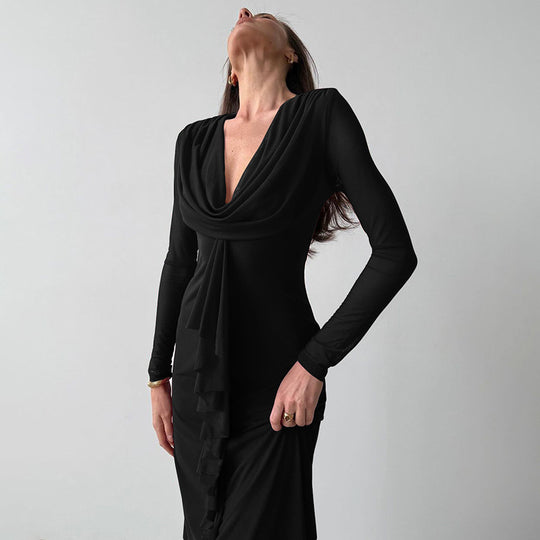 Damen Elegantes Maxikleid mit tiefem V-Ausschnitt und Rüschendetail R&B