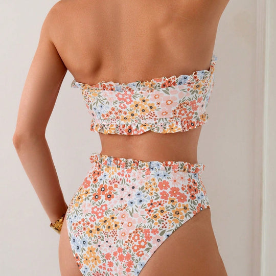 Damen Bikini-Set mit romantischen Rüschendetails und hohem Taillenbund R&B