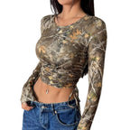 Damen Figurbetontes Langarmshirt mit Raffung und einzigartigem Camouflage-Design R&B