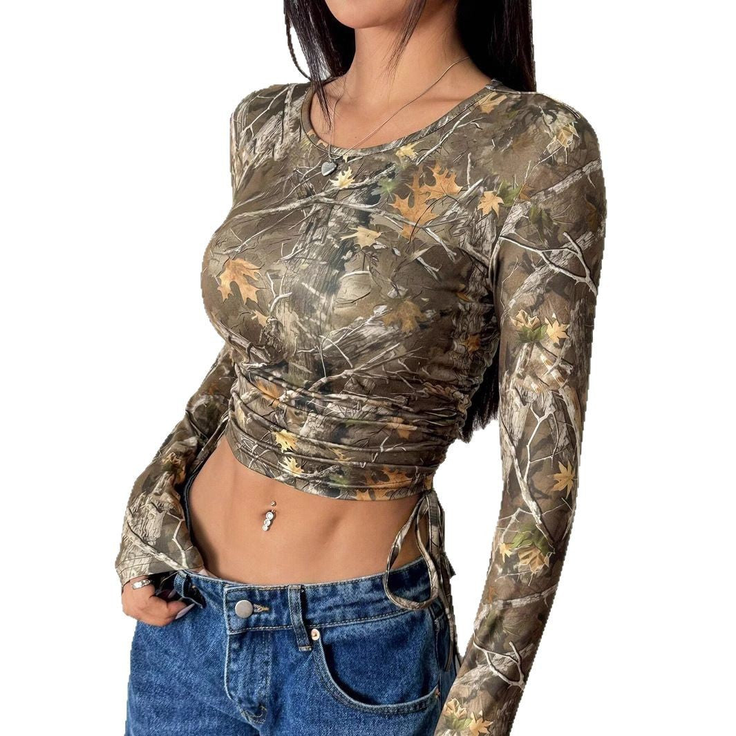 Damen Figurbetontes Langarmshirt mit Raffung und einzigartigem Camouflage-Design R&B