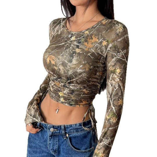 Damen Figurbetontes Langarmshirt mit Raffung und einzigartigem Camouflage-Design R&B