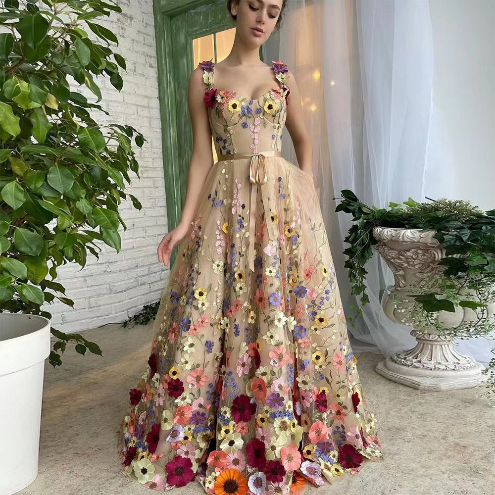 Damen Blumengesticktes Tüllkleid mit Taillengürtel und A-Linien-Silhouette R&B