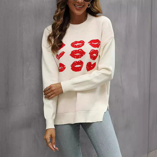 Damen Strickpullover mit glitzerndem Lippen-Motiv R&B