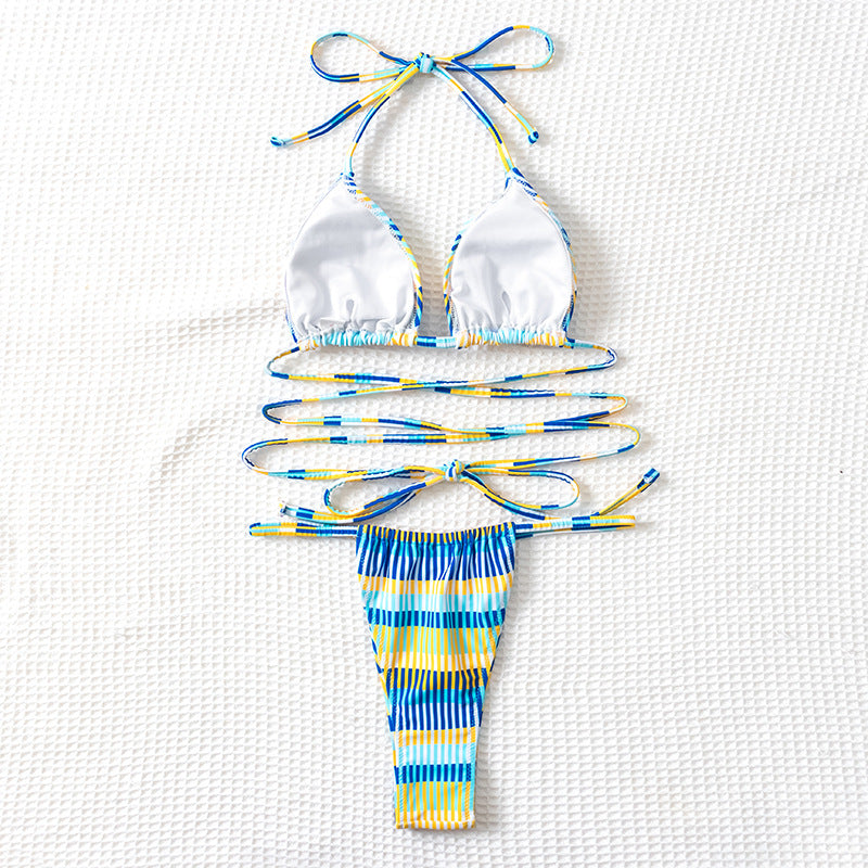 Damen Bandeau-Bikini mit modischen Streifen und anpassbaren Trägersystem R&B