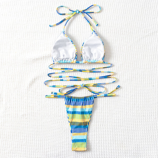 Damen Bandeau-Bikini mit modischen Streifen und anpassbaren Trägersystem R&B