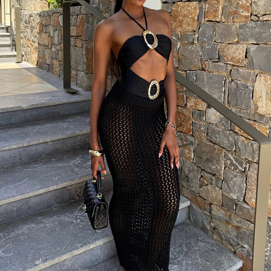 Damen Häkel-Strandrock mit transparentem Netzdesign und hohem elastischen Bund R&B