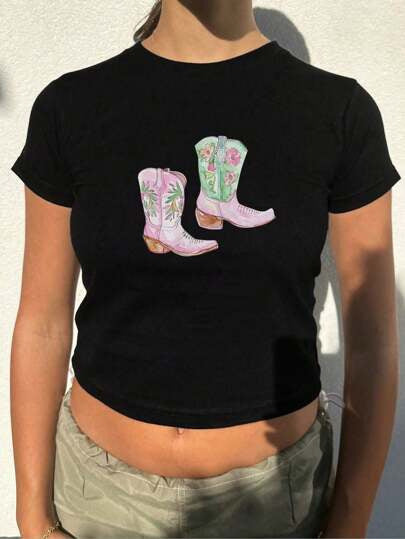 Damen Crop-T-Shirt mit kreativem Lippenmotiv und figurbetontem Schnitt R&B