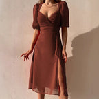 Damen Elegantes Maxikleid mit Puffärmeln und tiefem Schlitz R&B