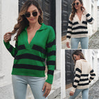 Damen Strickpullover mit großem Kragen und gestreiftem Design R&B