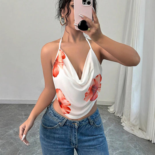 Damen Blusentop mit tiefem V-Ausschnitt und floralem Design R&B