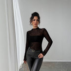 Damen nan eng anliegendes Transparenz-Mesh-Top mit erhabenem Samtflock-Leoprint und Stehkragen R&B