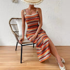 Damen Maxikleid mit geometrischem Muster und seitlichem Schlitz R&B