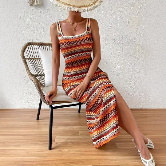 Damen Maxikleid mit geometrischem Muster und seitlichem Schlitz R&B