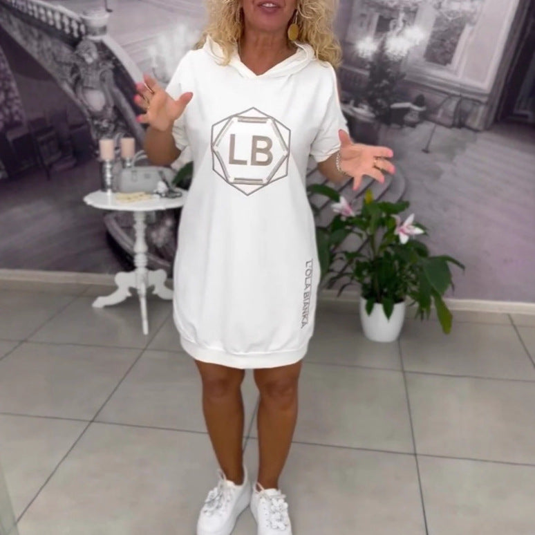 Damen nan sportliches Kapuzen-Tunika-Kleid mit Schulterauschnitten und Logoprint R&B
