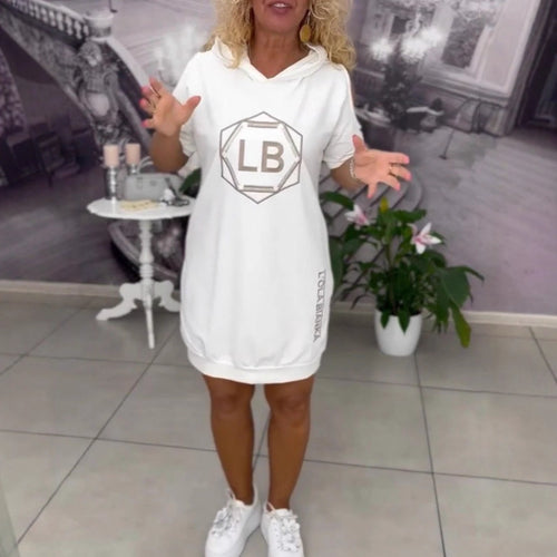 Damen nan sportliches Kapuzen-Tunika-Kleid mit Schulterauschnitten und Logoprint R&B