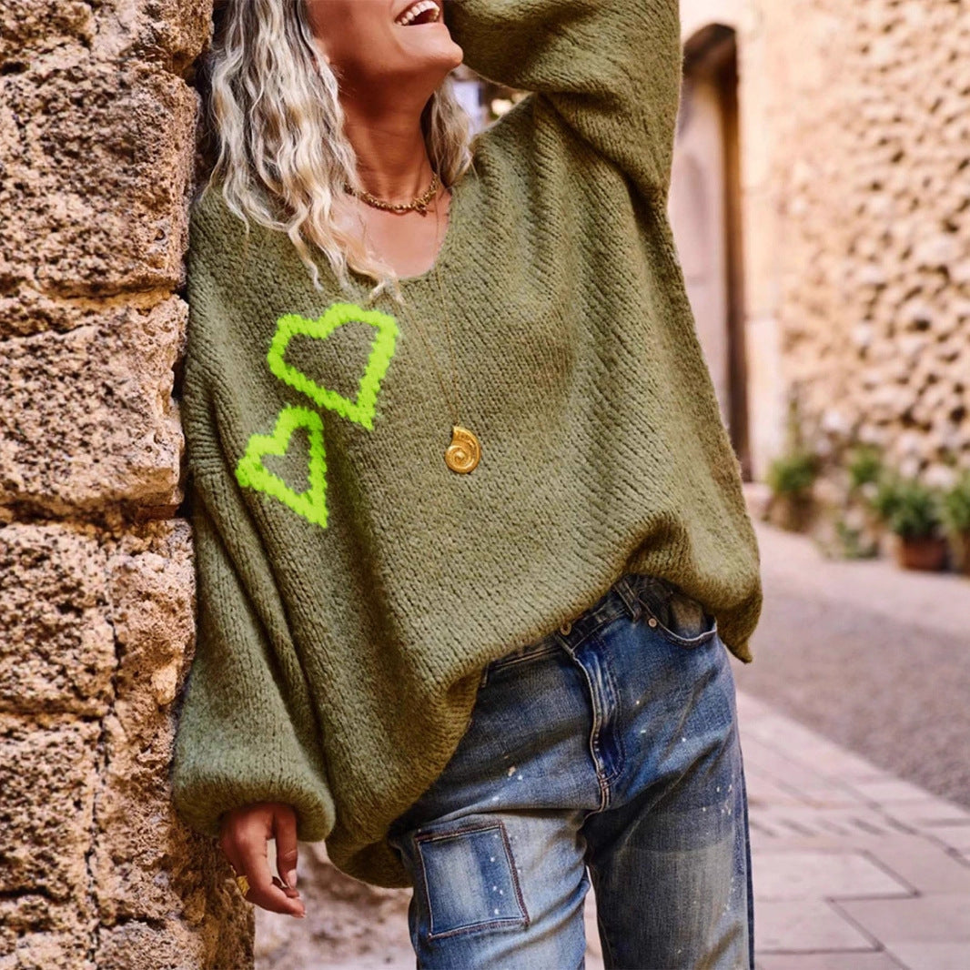Damen lässiger Oversized-Pullover mit Herzapplikationen R&B