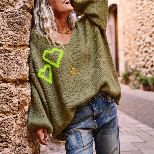 Damen lässiger Oversized-Pullover mit Herzapplikationen R&B