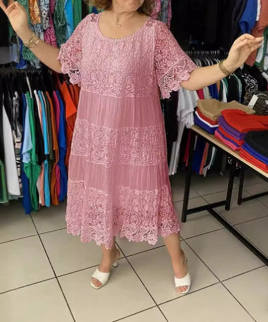 Damen nan mehrlagiges Spitzen-Midikleid mit plissierten Einsätzen und Volantärmeln R&B