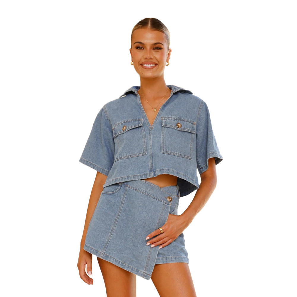 Damen Denim-Kurzarm-Oberteil mit passendem Wickelrock R&B