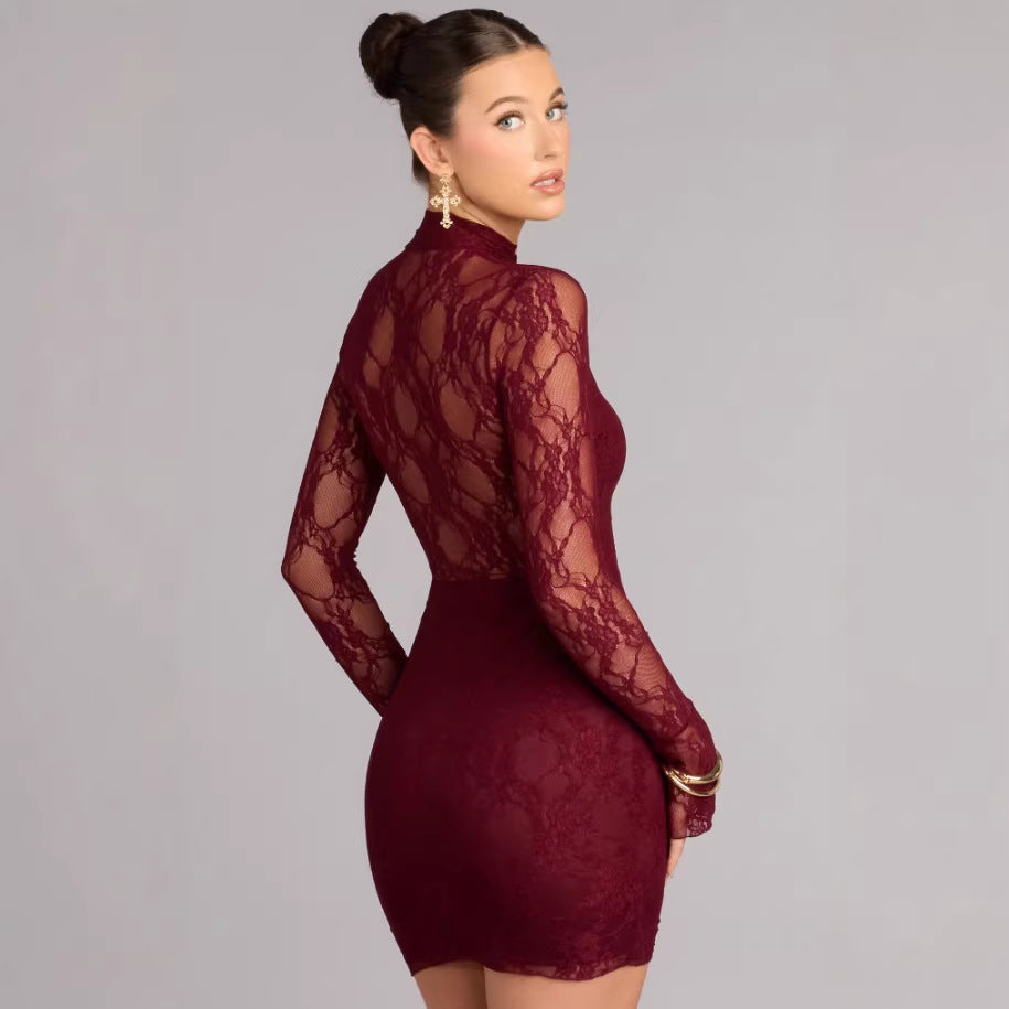 Damen Spitzenminikleid mit hohem Kragen und raffinierten Cut-Out-Details R&B