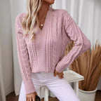 Damen modischer Strickpullover mit tiefem V-Ausschnitt und Zopfmuster