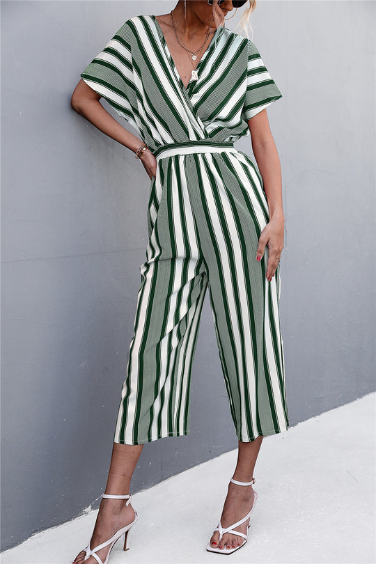 Damen eleganter Jumpsuit mit V-Ausschnitt, breiten Ärmeln und anisstreifendem Design R&B