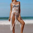 Damen Häkel-Strandüberwurfkleid im boho-chic Stil mit fransenbesetztem Saum und transparentem Design R&B