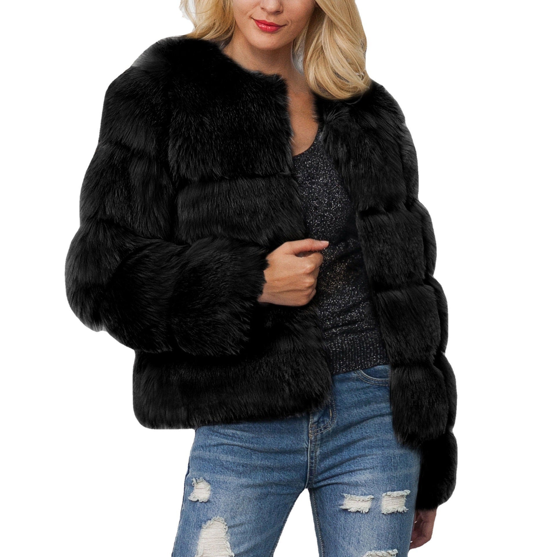 Damen Flauschige Kunstpelzjacke mit voluminösen Ärmeln und elegantem Schnitt R&B
