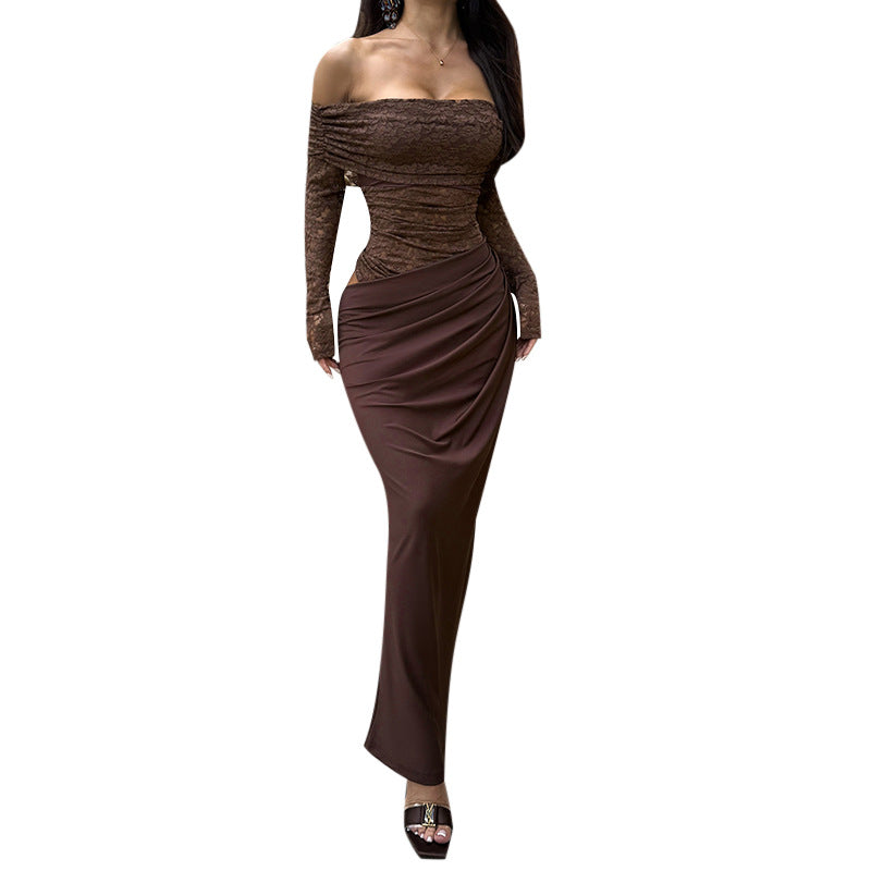 Damen Elegantes Abendkleid mit schulterfreiem Design und Spitzenärmeln R&B