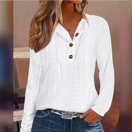 Damen lässiges Hoodie-Oberteil mit Knopfleiste und modernem Lochmuster R&B
