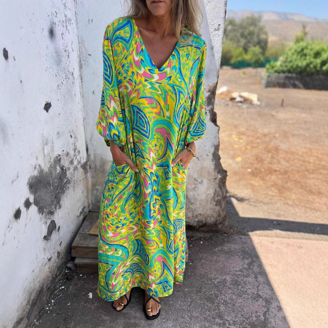 Damen Langarmkleid mit V-Ausschnitt und praktischen Taschen R&B