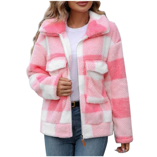 Damen Fleece-Jacke mit Karomuster und praktischen Taschen R&B