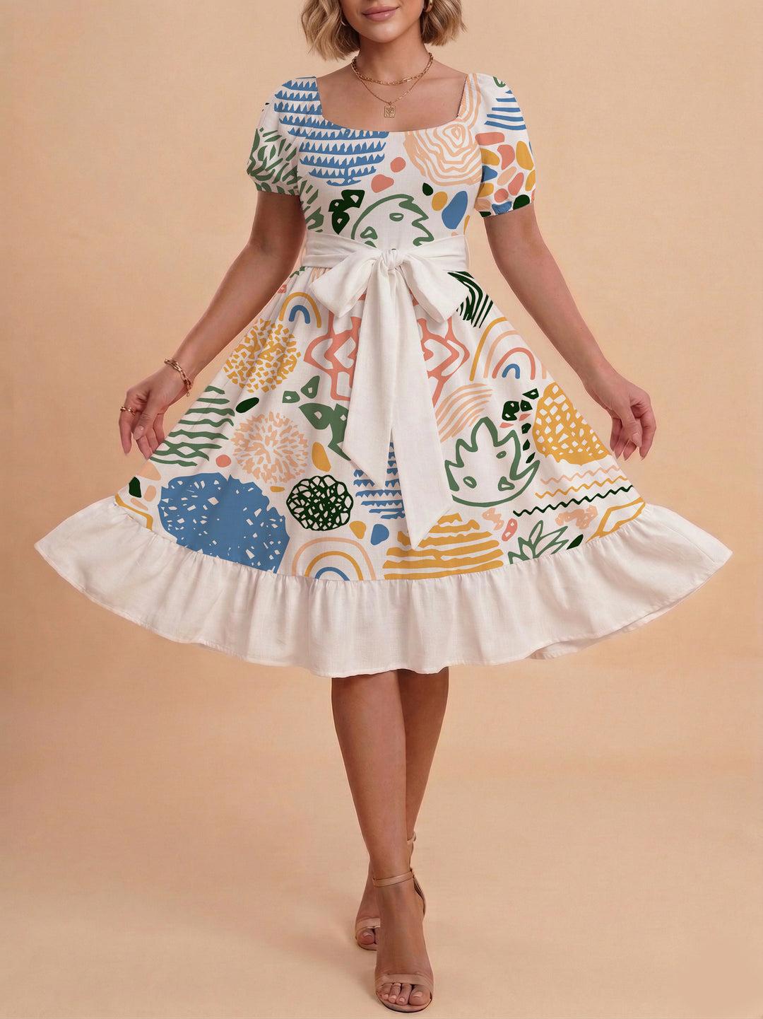 Damen Sommerkleid mit floralem Puffärmel und taillierbarem Gürtel R&B