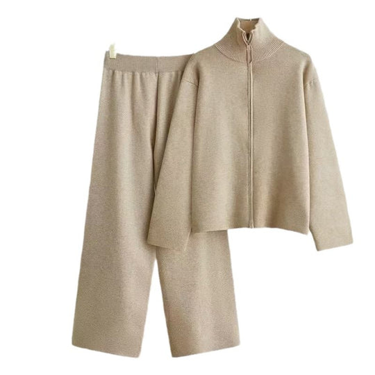 Damen gemütliches Strick-Loungewear-Set mit hohem Kragen R&B
