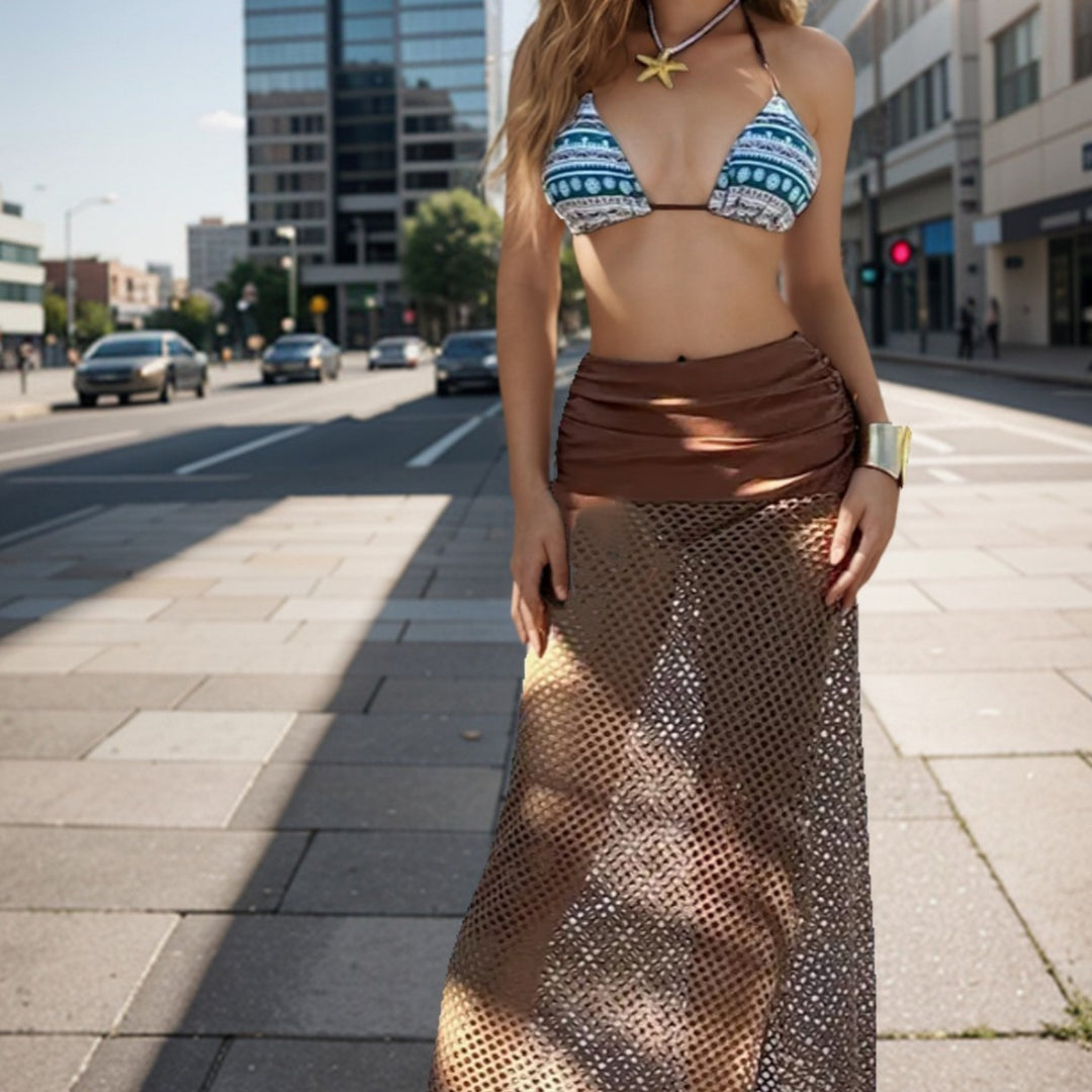 Damen Bikini-Set mit geometrischem Druck und transparenter Strick-Überschlag R&B