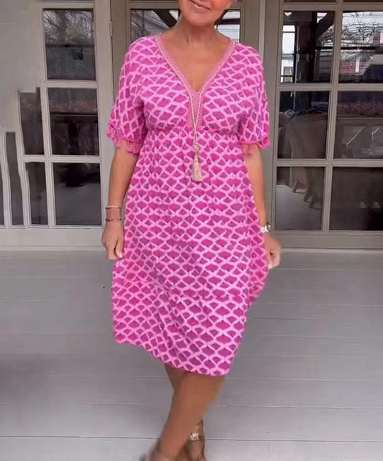 Damen nan lässiges V-Ausschnitt Strandkleid mit Quastenbindeband und Volantrock R&B