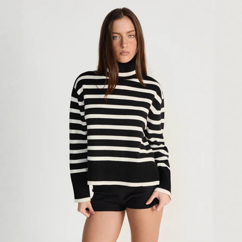 Damen gestreifter Rollkragenpullover mit lässigem Schnitt R&B