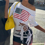 Damen Crop-Top mit Flaggenmotiv und raffinierten Fransen R&B